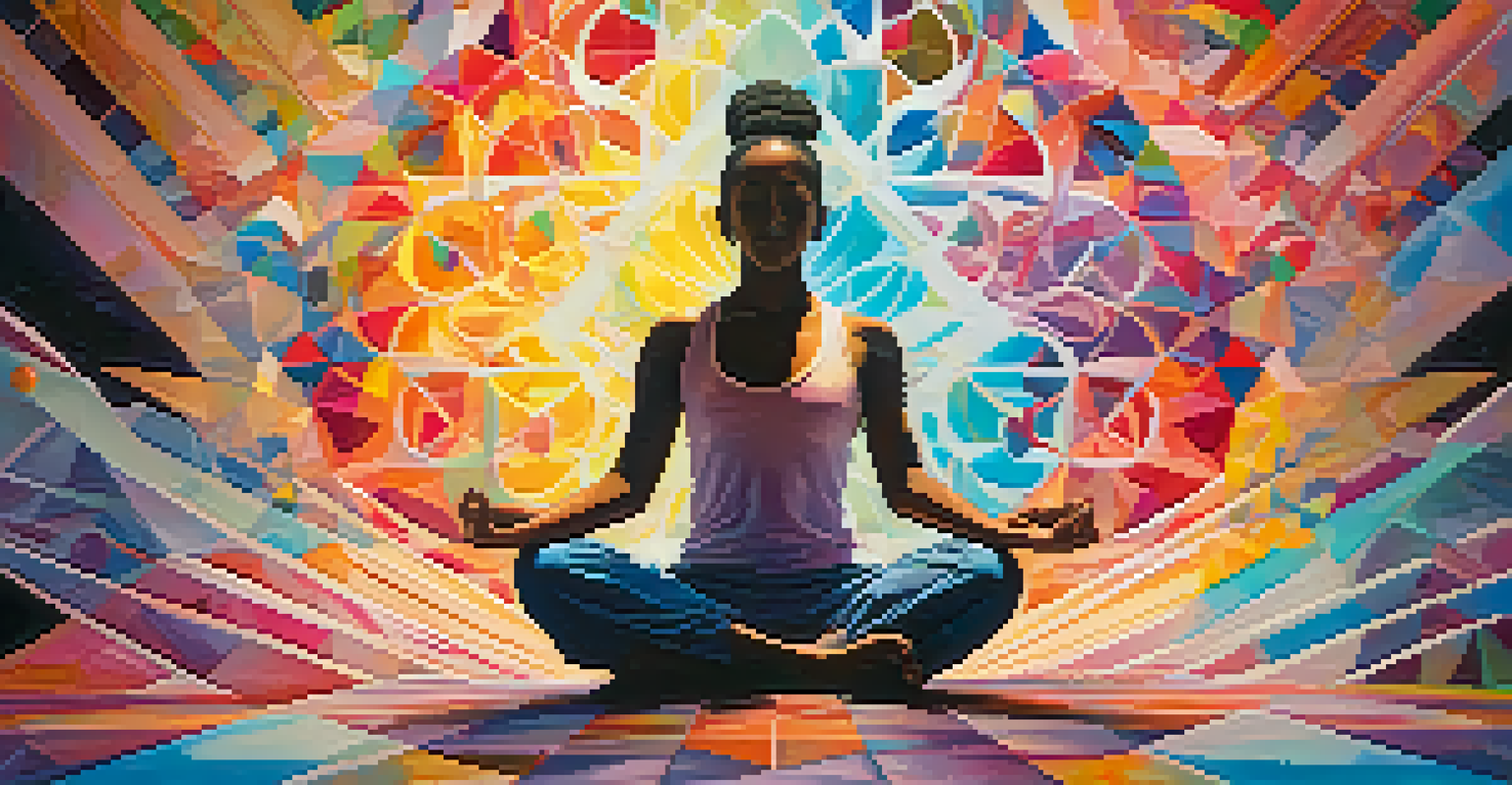 A silhouette of a person meditating surrounded by colorful fractals and geometric shapes in a vibrant background.