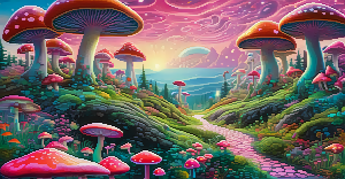 A colorful and surreal landscape with swirling colors, abstract shapes, and whimsical creatures, featuring a path leading to a forest of oversized mushrooms.
