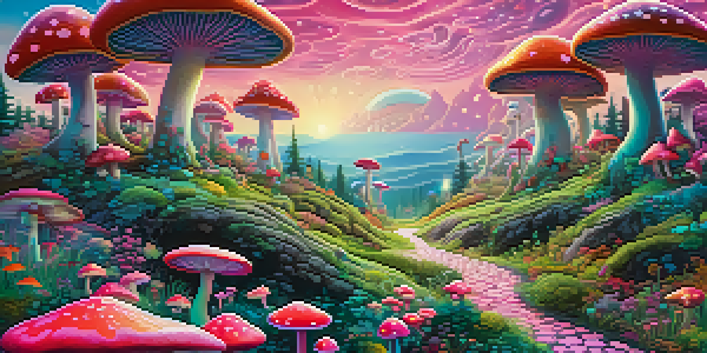A colorful and surreal landscape with swirling colors, abstract shapes, and whimsical creatures, featuring a path leading to a forest of oversized mushrooms.