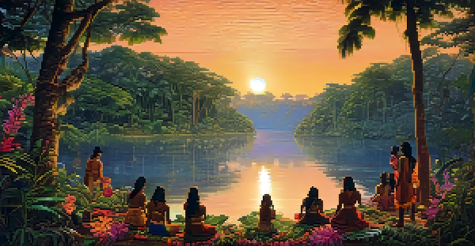 A peaceful Amazon rainforest at dusk with indigenous people in a ceremony by a river.