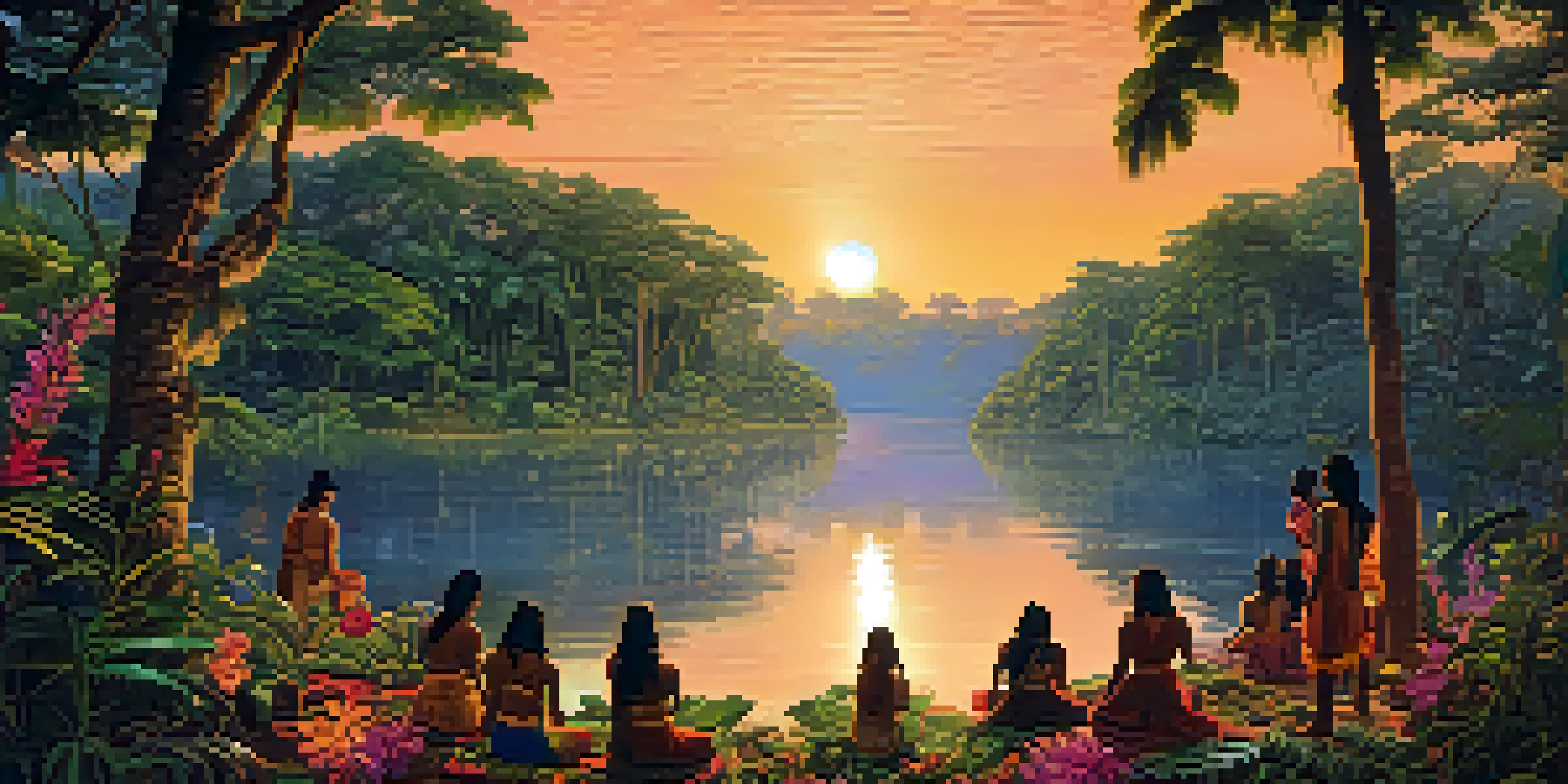 A peaceful Amazon rainforest at dusk with indigenous people in a ceremony by a river.