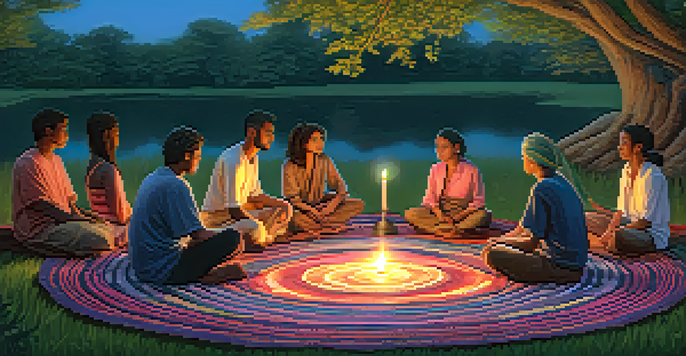 A peaceful outdoor setting for a spiritual ritual with diverse participants sitting in a circle on colorful blankets, surrounded by greenery and illuminated by warm lantern light.