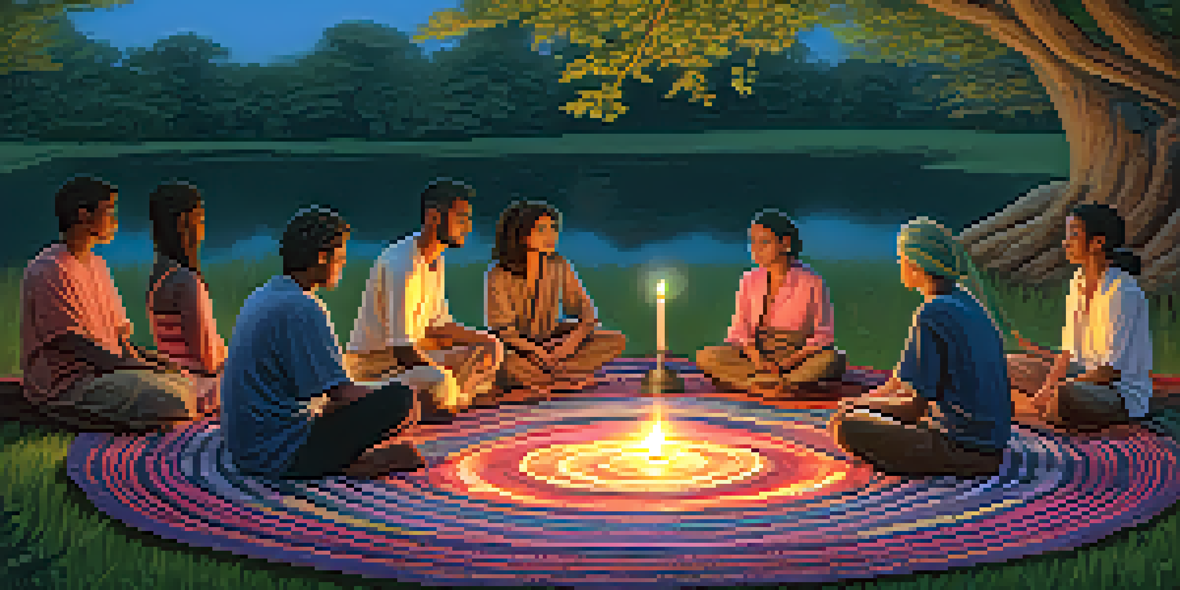 A peaceful outdoor setting for a spiritual ritual with diverse participants sitting in a circle on colorful blankets, surrounded by greenery and illuminated by warm lantern light.