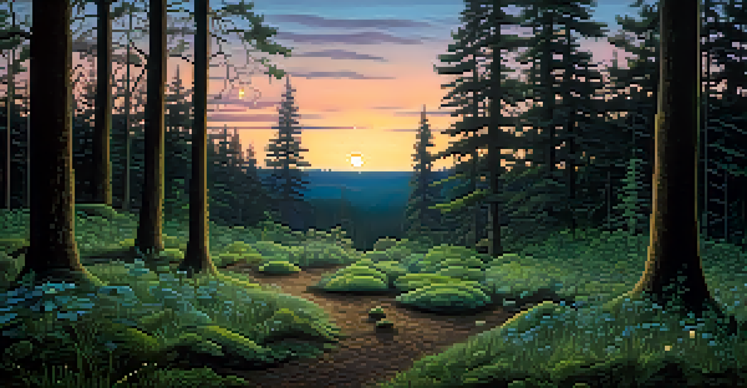 A glowing forest at twilight with bioluminescent plants and a small group of people sharing stories in a clearing.