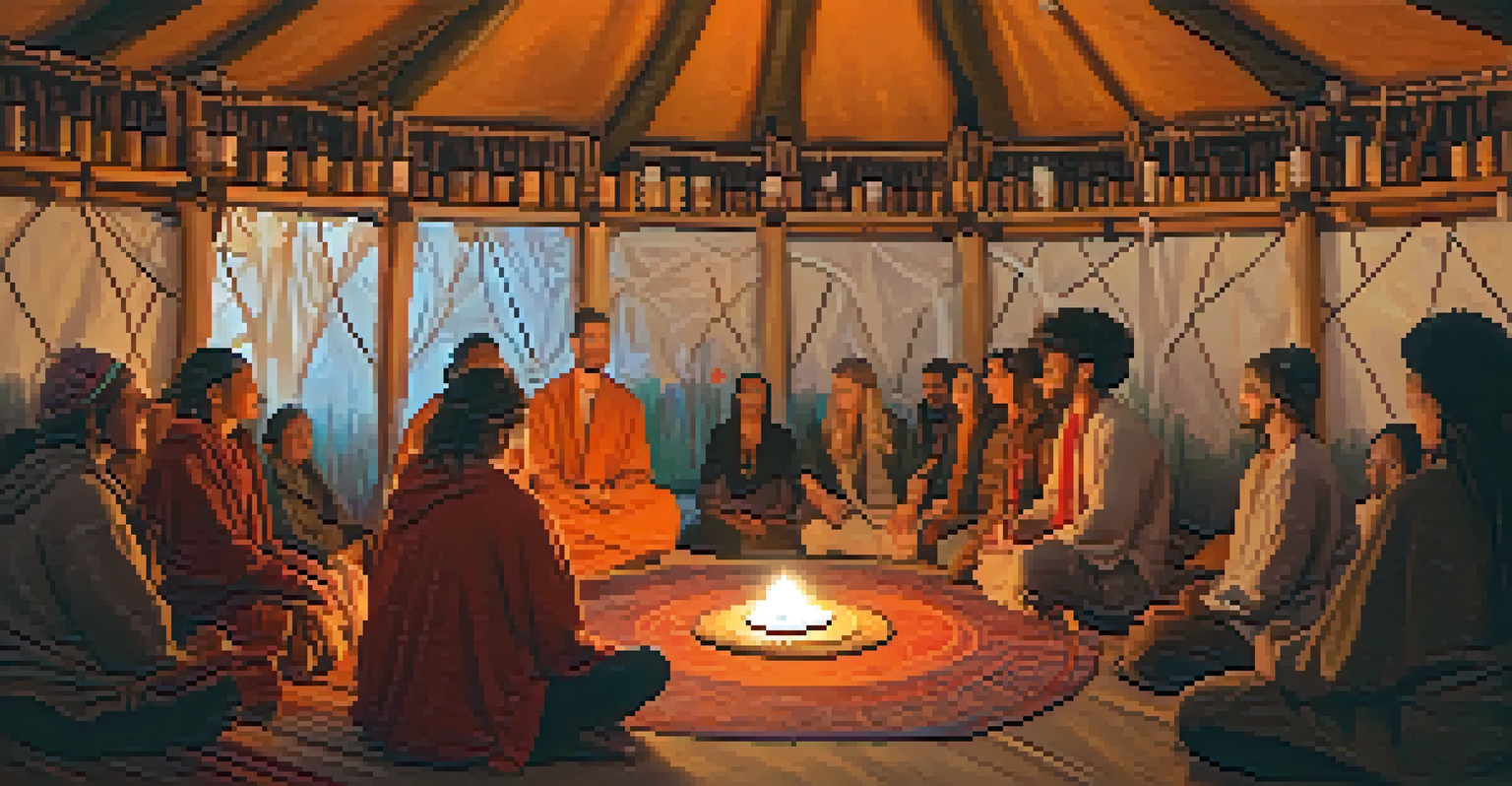A shaman leads a healing ceremony in a candle-lit yurt, surrounded by community members, with traditional artwork on the walls.