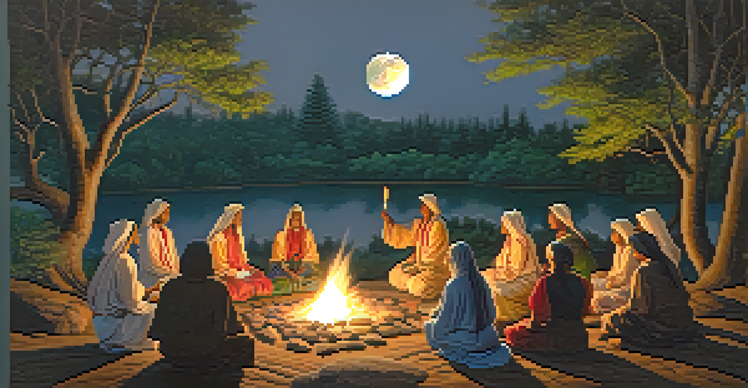 Participants in flowing garments gathered around a fire under a full moon, creating a vibrant community ritual.