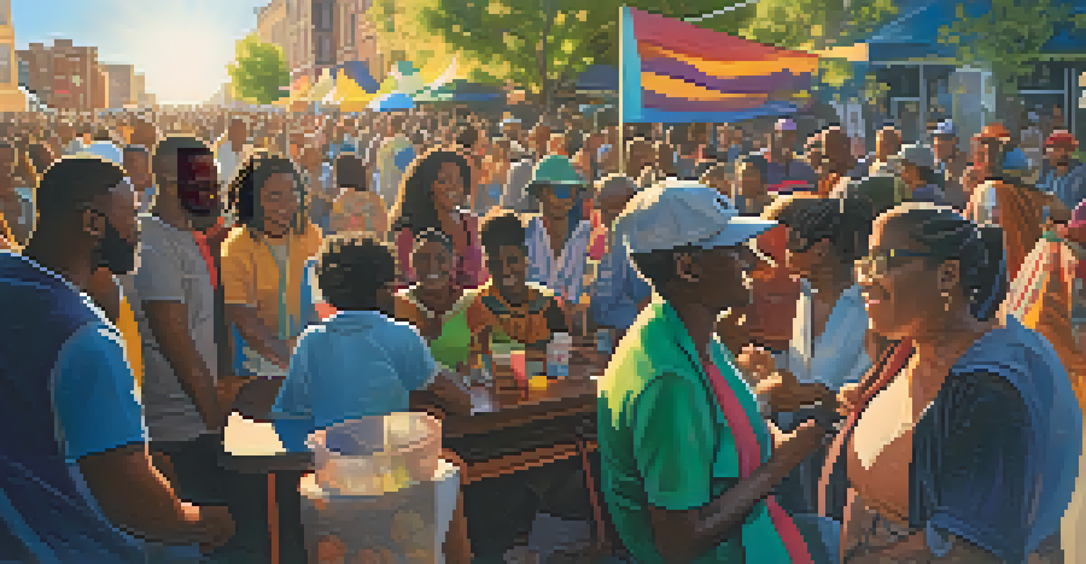 A diverse group of people in an urban setting engaged in discussion, surrounded by colorful banners and art reflecting social justice themes.