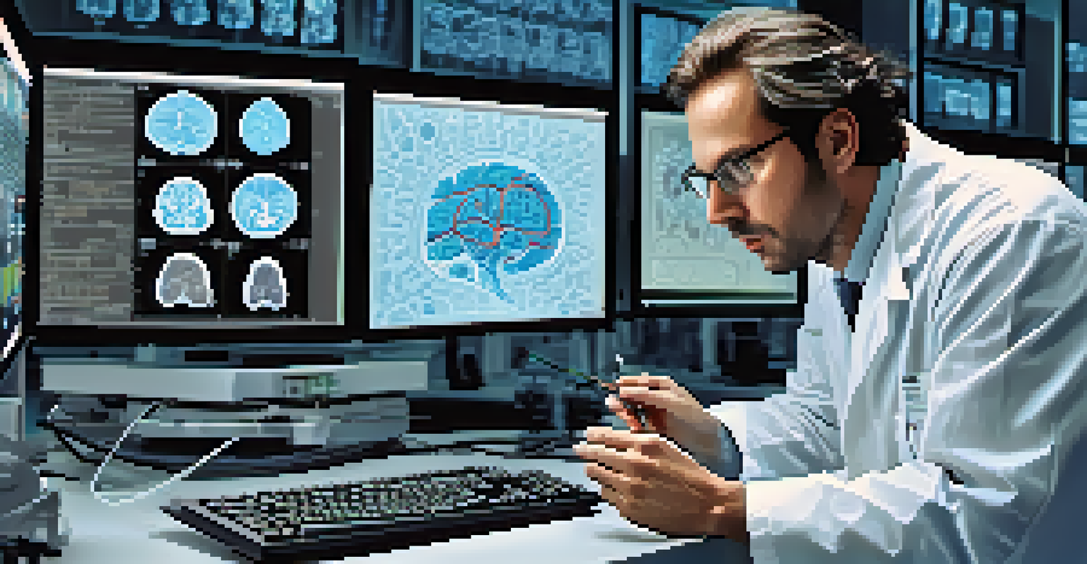 A scientist in a high-tech lab examining brain imaging data on a computer screen, surrounded by advanced scientific equipment.