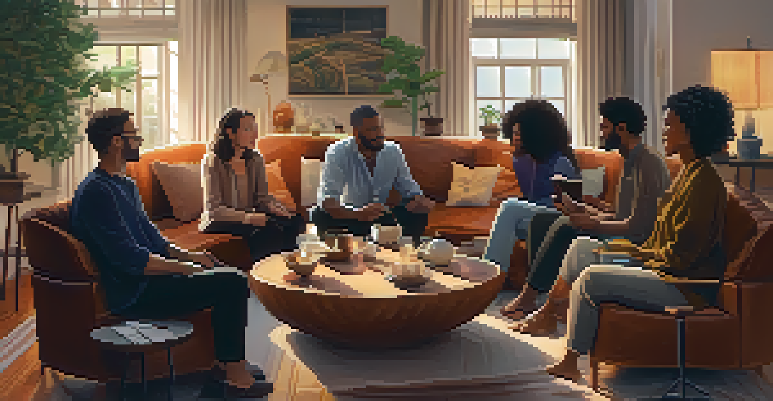 A group of people sharing stories in a cozy room filled with warm lighting and herbal teas.