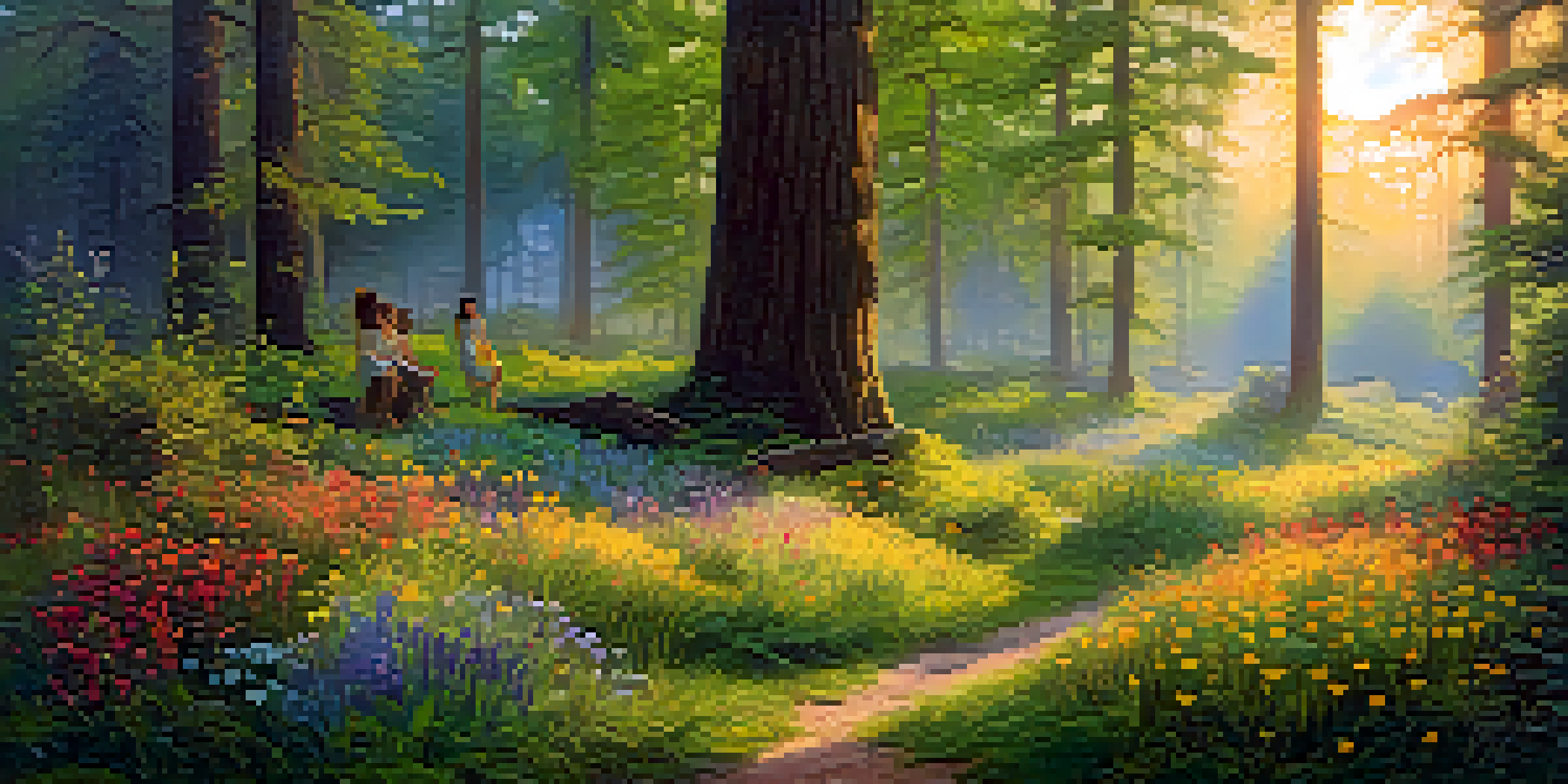 A peaceful forest at dawn with diverse individuals sitting on colorful blankets engaged in discussion, surrounded by wildflowers and soft sunlight filtering through trees.