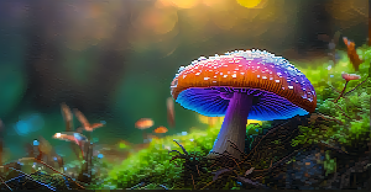 A close-up of a vibrant psilocybin mushroom on moss, glistening with dew in soft sunlight.