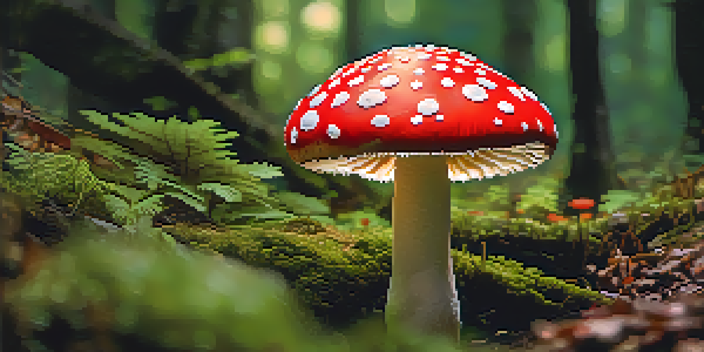 A close-up of a red and white spotted Amanita muscaria mushroom surrounded by green foliage, illuminated by soft sunlight.