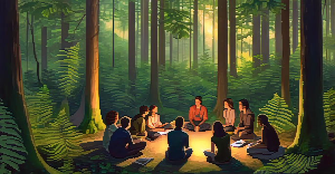A diverse group of activists sitting in a circle in a tranquil forest, discussing and sharing experiences as morning sunlight streams through the trees.