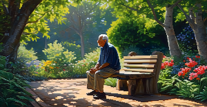 An elderly man meditating on a bench in a colorful garden filled with flowers and sunlight filtering through trees.