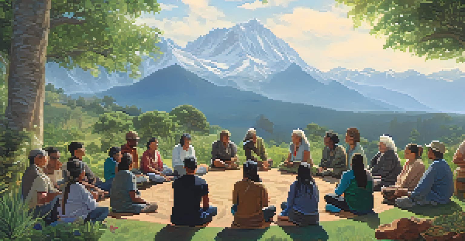 An outdoor workshop with diverse participants listening to an indigenous elder about sustainable plant harvesting, set against mountains and blue skies.