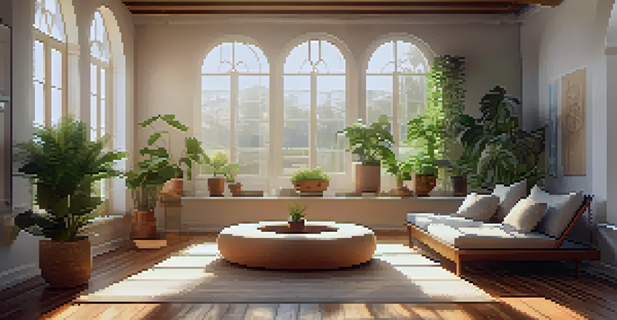 A peaceful meditation room with cushions, plants, and soft natural light.