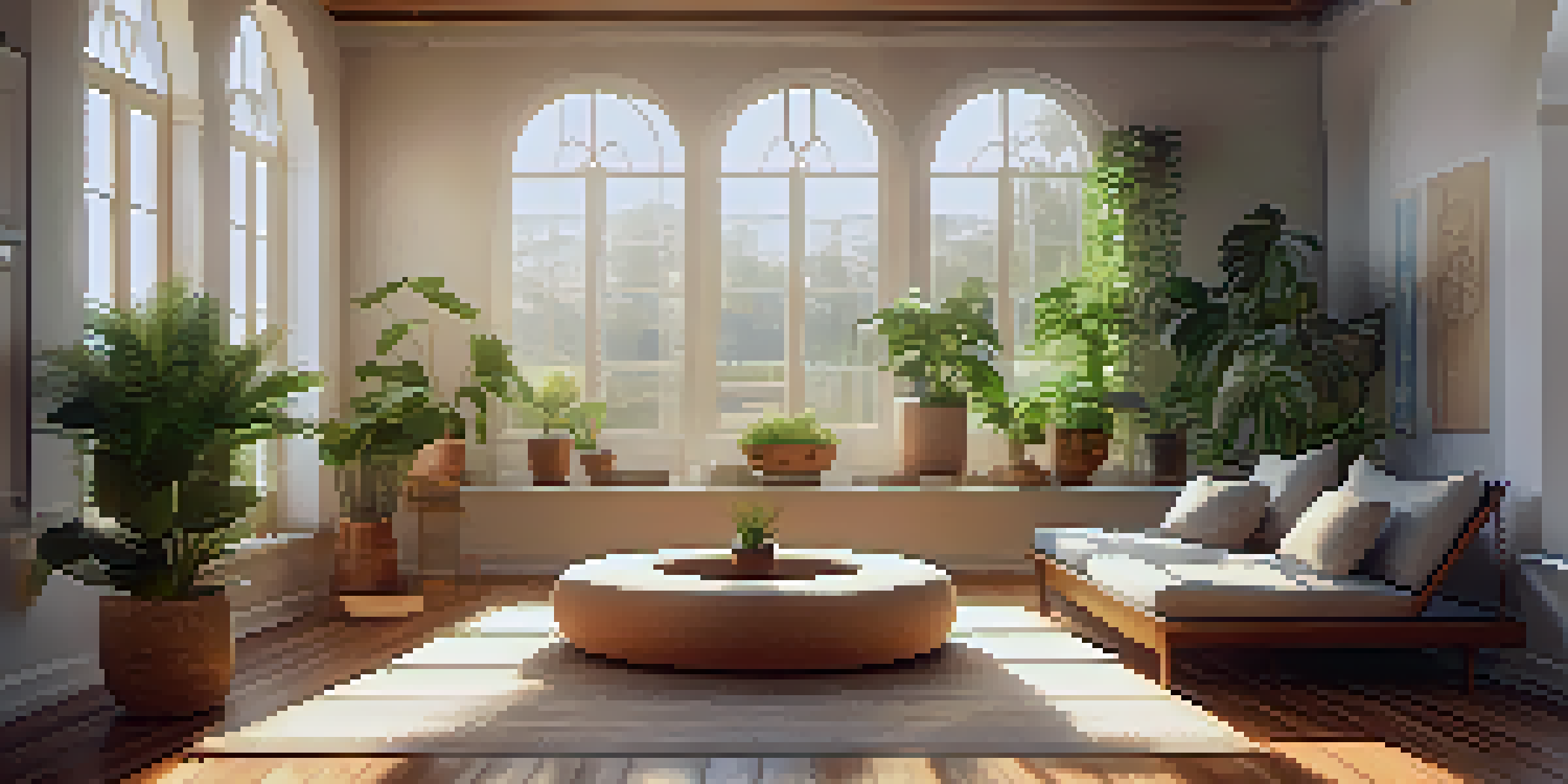 A peaceful meditation room with cushions, plants, and soft natural light.