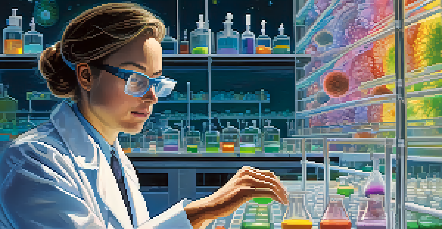 A researcher in a lab studying colorful fungi in a petri dish, wearing a lab coat and goggles.