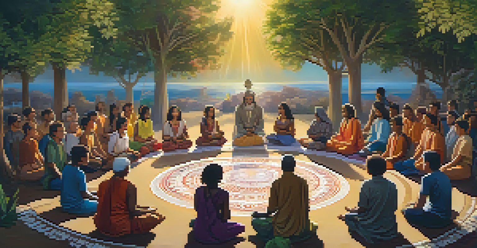A diverse group of people meditating in a circle outdoors, surrounded by mandalas and natural elements.