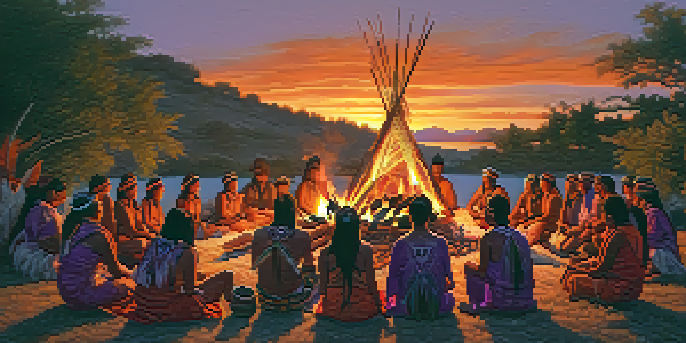 An Indigenous ceremony taking place at sunset with participants in colorful attire around a fire, surrounded by ceremonial artifacts.