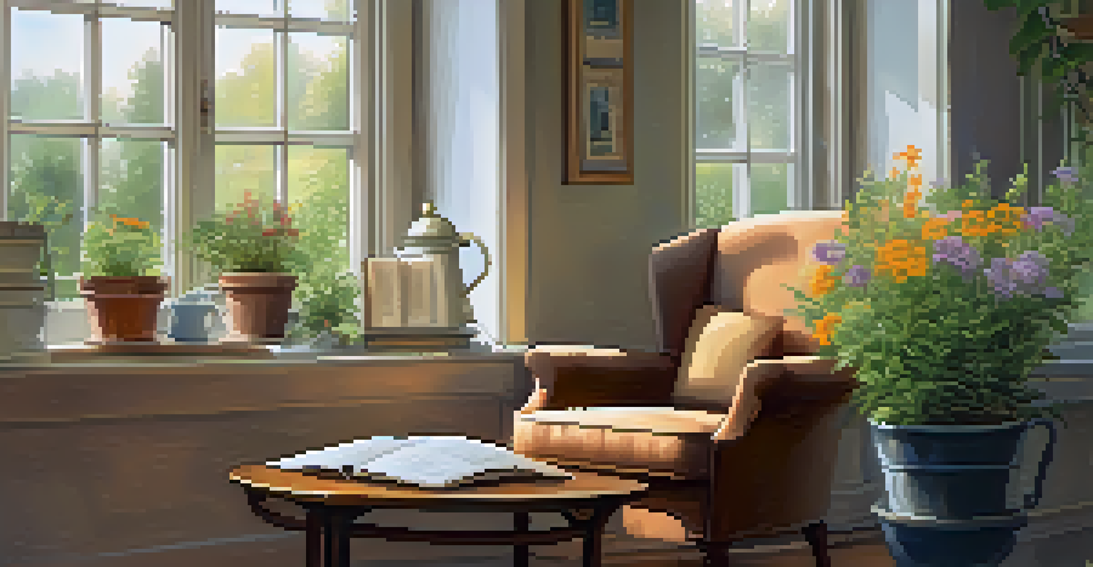 A cozy room with an armchair, a journal, and a cup of tea, overlooking a blooming garden through a sunny window.
