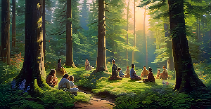 A diverse group of people gathered in a circle in a forest, with sunlight filtering through the trees and colorful wildflowers around them.