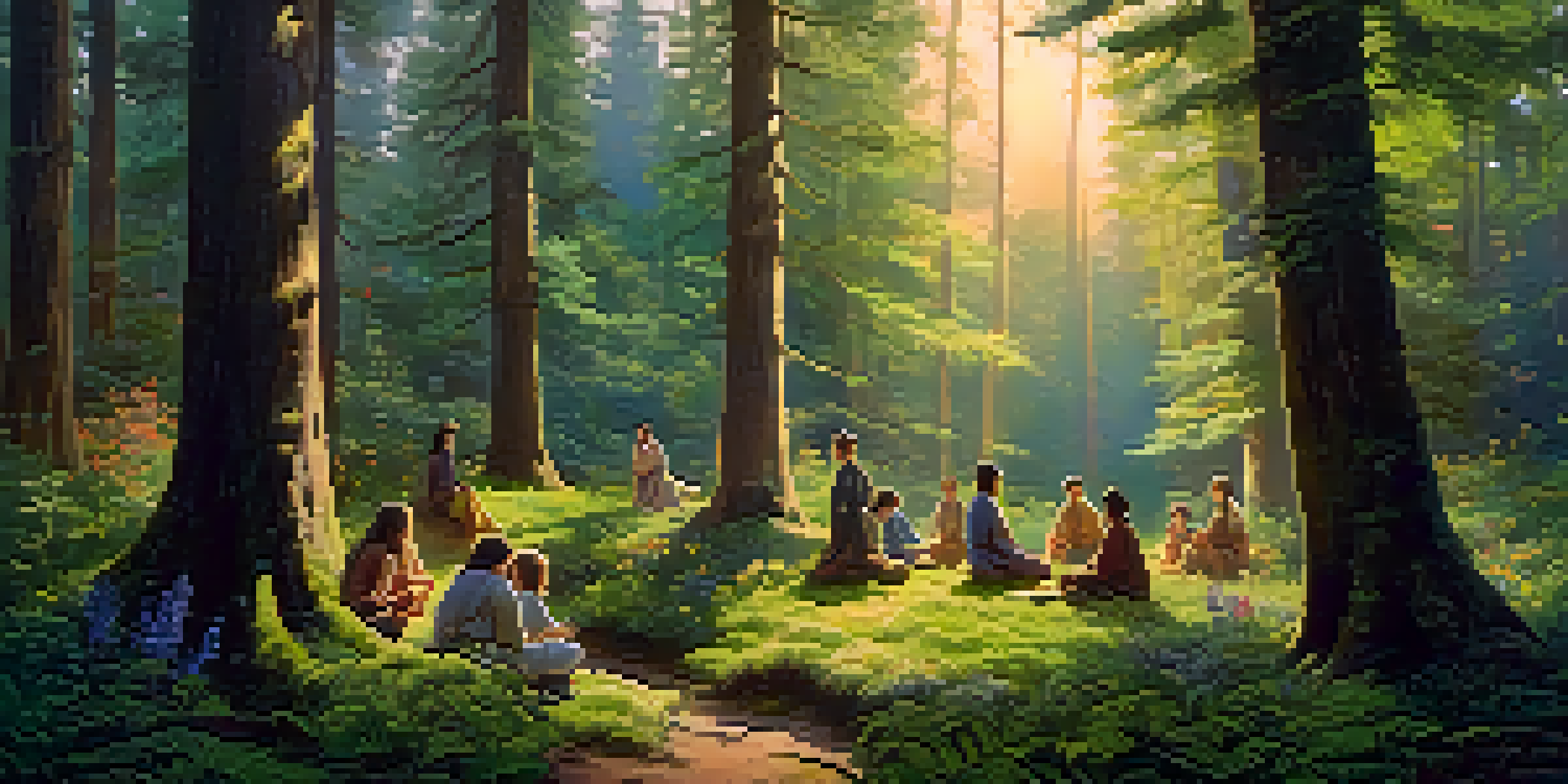 A diverse group of people gathered in a circle in a forest, with sunlight filtering through the trees and colorful wildflowers around them.
