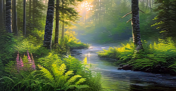 A peaceful forest with sunlight shining through trees over a calm stream, surrounded by ferns and wildflowers.