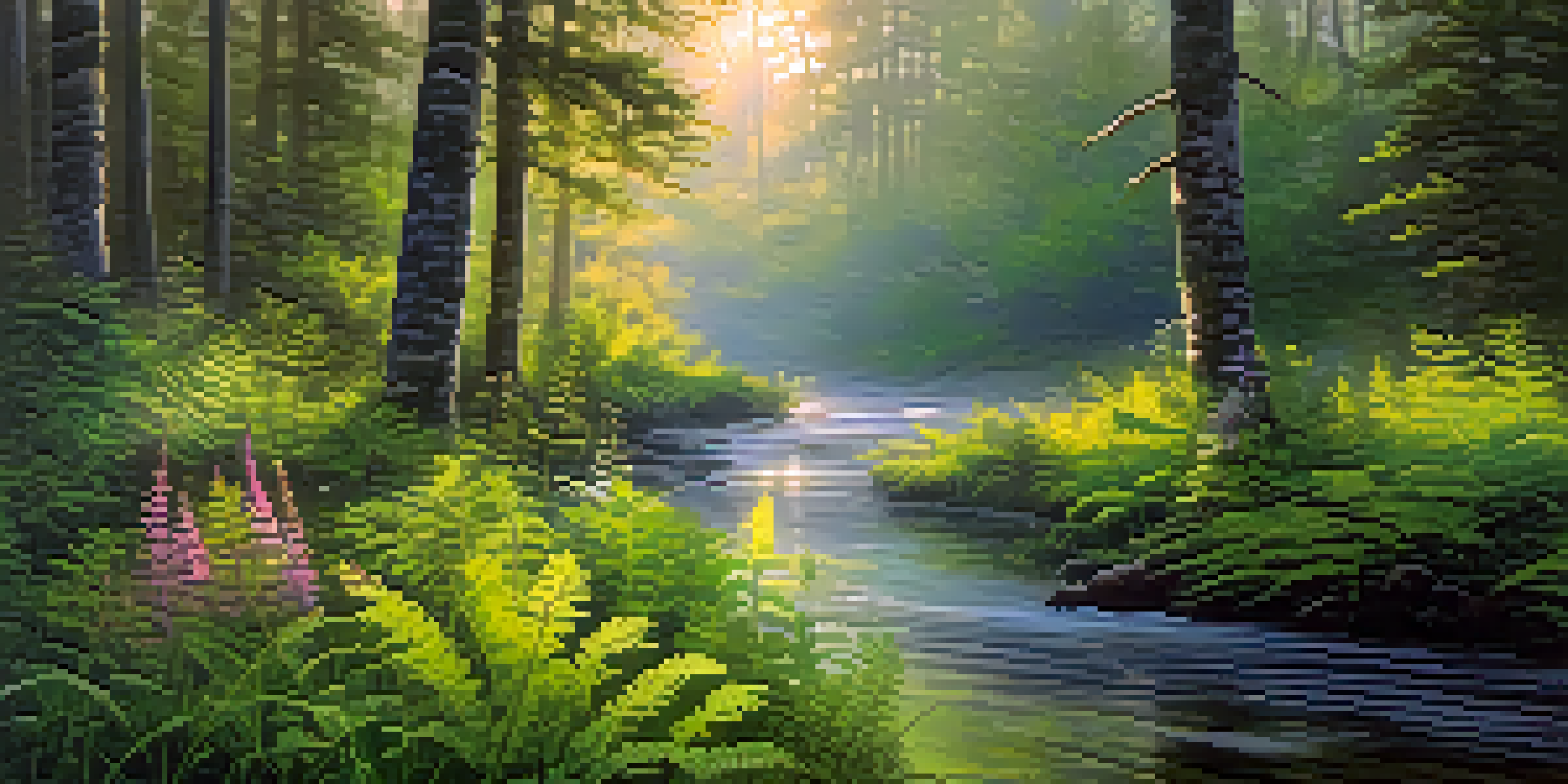 A peaceful forest with sunlight shining through trees over a calm stream, surrounded by ferns and wildflowers.