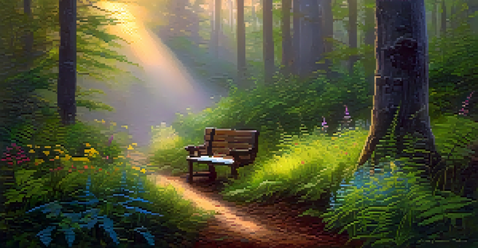 A peaceful forest at dawn with sunlight through trees and a wooden bench.
