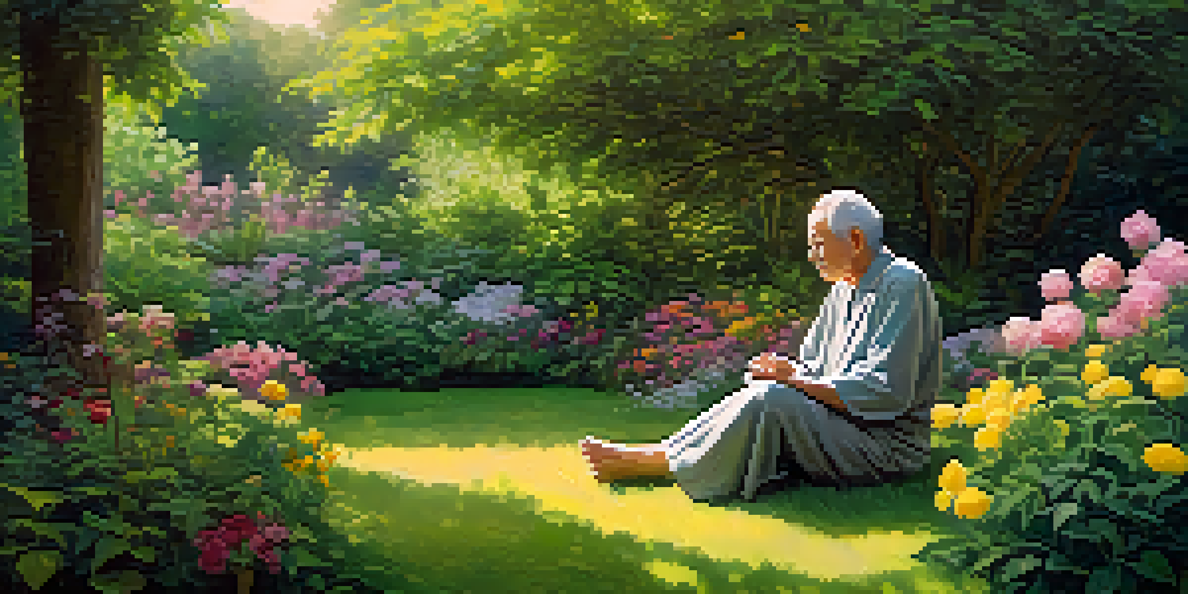 An elderly person meditating in a beautiful garden filled with flowers and greenery, bathed in soft sunlight.