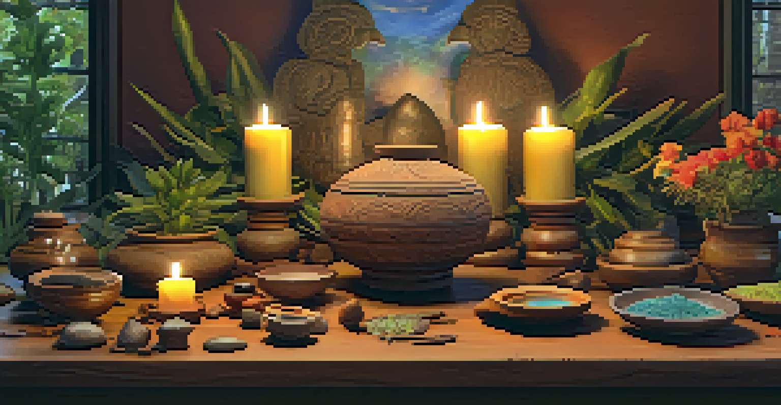 An artistic display of entheogens on a wooden table, surrounded by traditional artifacts and candlelight, creating a respectful and inviting atmosphere.