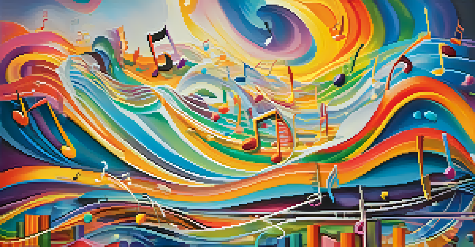 An abstract landscape filled with vibrant colors and flowing musical notes representing the connection between music and psychedelics.