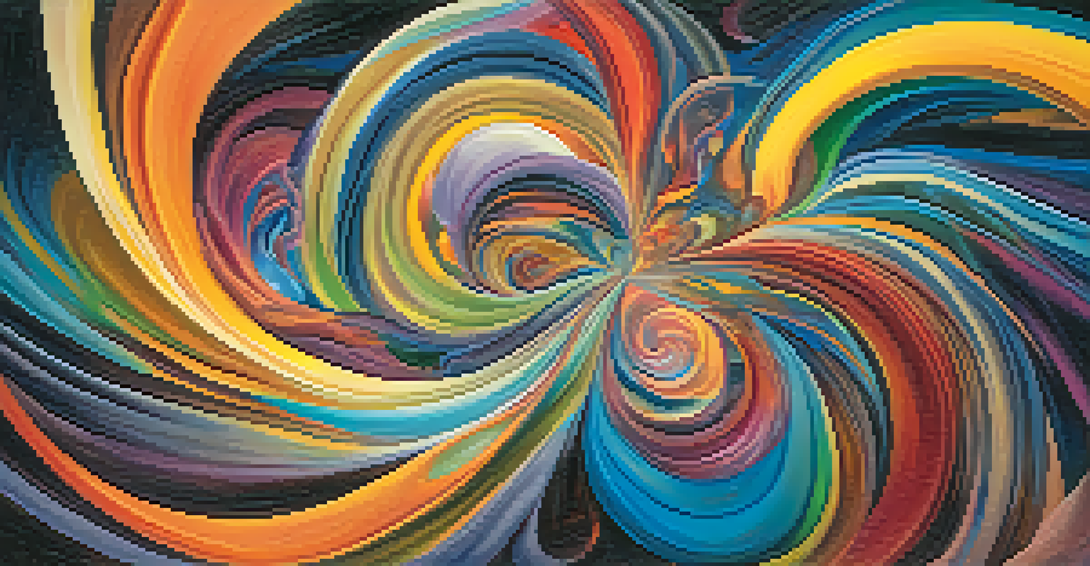 A colorful abstract image representing interconnectedness with swirling shapes and a glowing center.