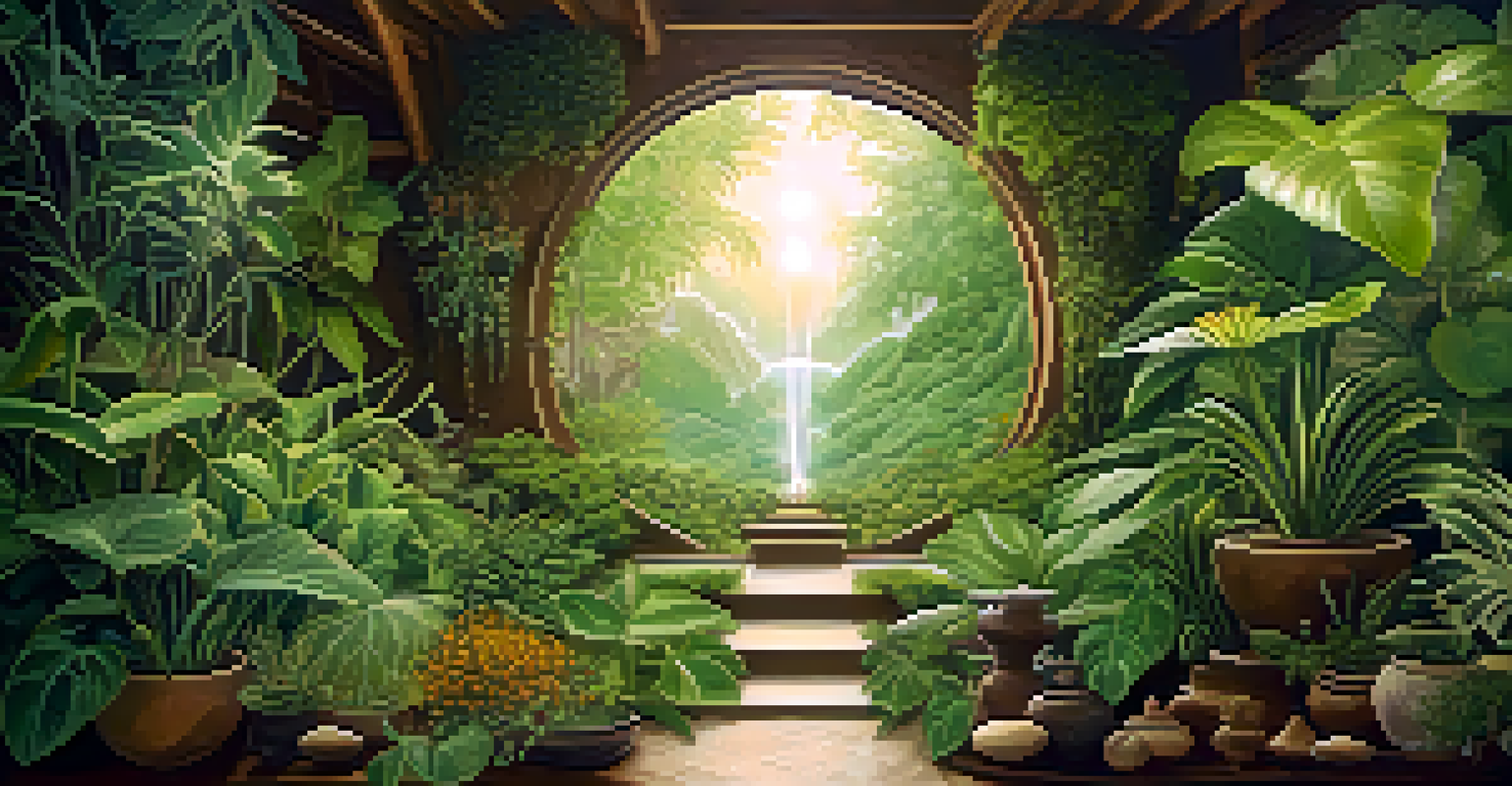 A close-up view of various plants used as entheogens in a tranquil sacred space, with earthy tones and soft lighting.