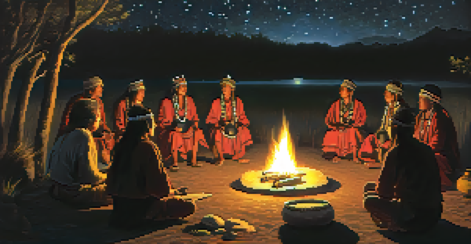 An indigenous shaman leading a ritual under a starry sky, with participants around a fire, highlighting the connection between music and spirituality.