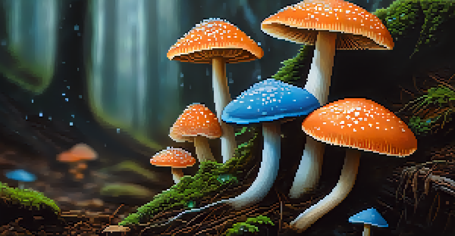 Close-up of colorful psilocybin mushrooms with dew on their caps in a forest setting.