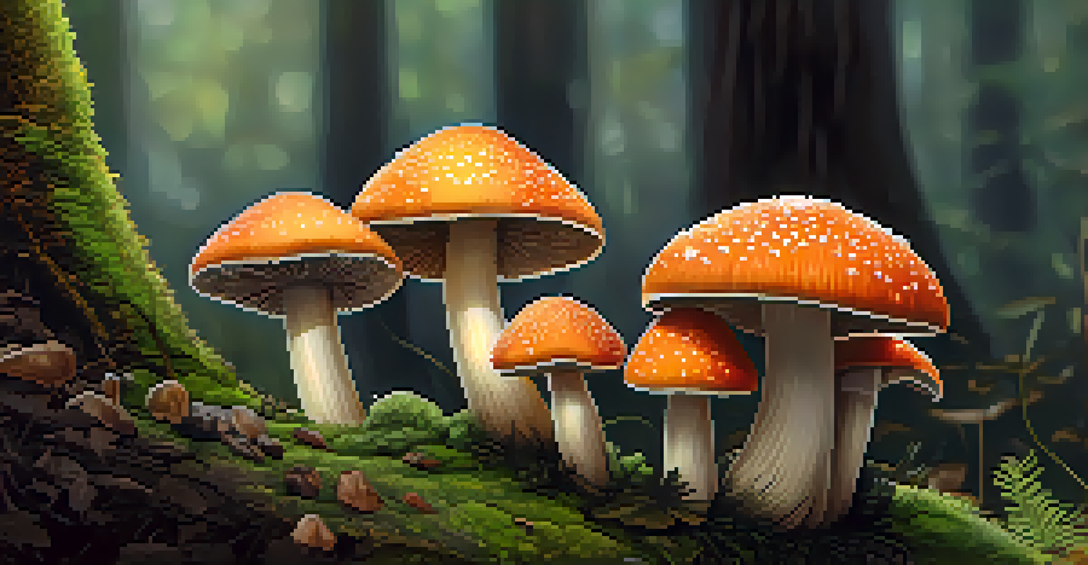 A close-up of colorful mushrooms growing in dark soil and green moss, with morning dew glistening under soft sunlight.