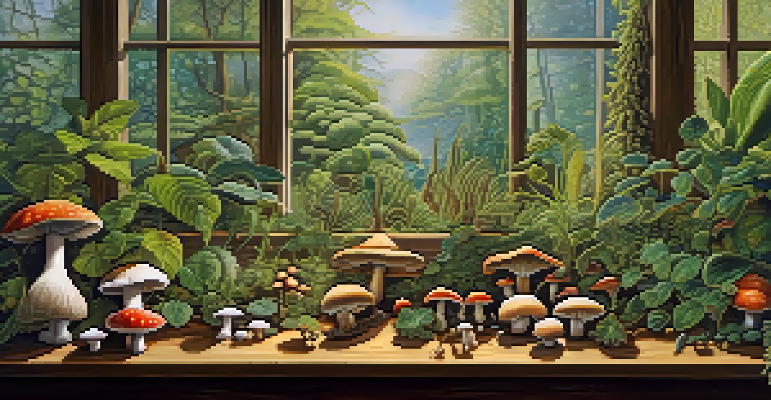 A display of various entheogenic plants on a wooden table, illuminated by natural sunlight, showcasing their textures and colors.