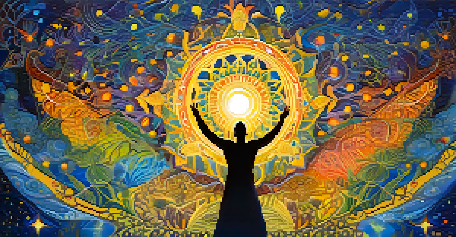 An abstract depiction of the Ayahuasca experience, with vibrant colors and patterns representing emotional release and introspection.