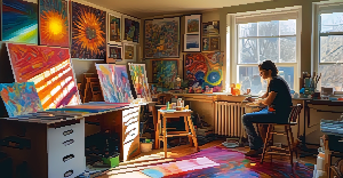 An artist in a sunlit studio with colorful psychedelic paintings, surrounded by art supplies and warm sunlight.
