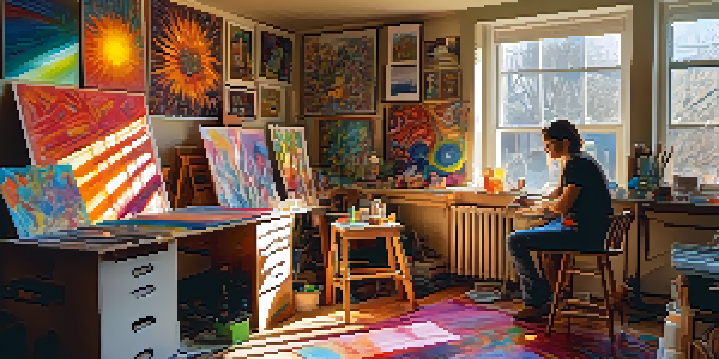 An artist in a sunlit studio with colorful psychedelic paintings, surrounded by art supplies and warm sunlight.