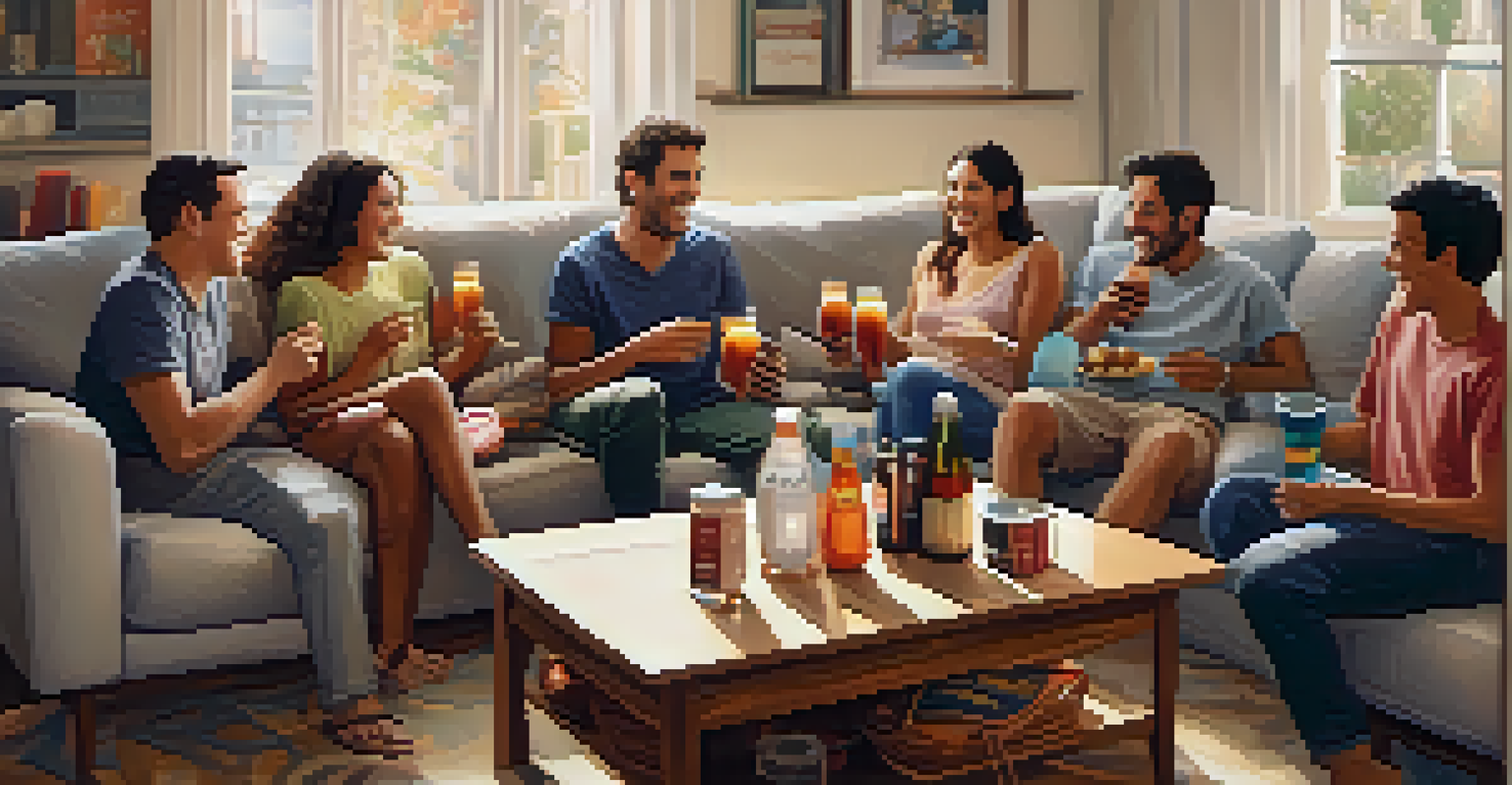 A group of friends laughing and sharing stories in a cozy living room, filled with warm light and comfortable furnishings.