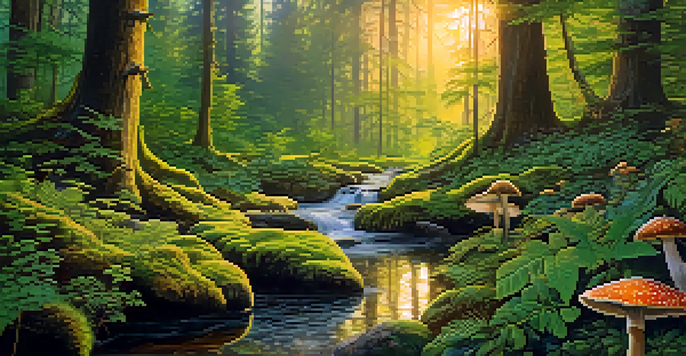 A peaceful forest scene with sunlight filtering through the trees, showcasing various plants, including mushrooms and herbs, with a stream in the background.