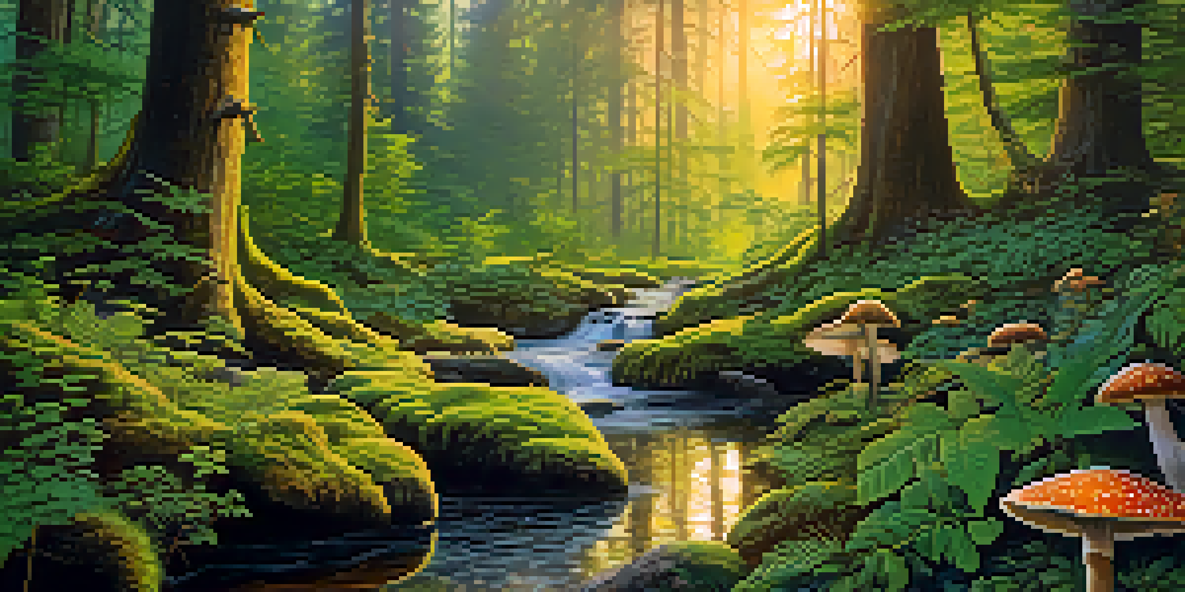 A peaceful forest scene with sunlight filtering through the trees, showcasing various plants, including mushrooms and herbs, with a stream in the background.