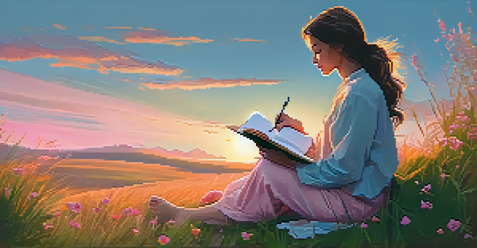 A writer sitting on a hill with a journal during sunset, surrounded by flowers and nature.