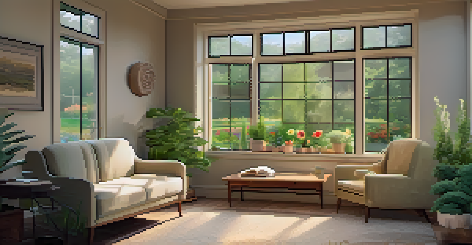 A comfortable therapy room featuring soft lighting, cozy seating, and a view of a peaceful garden, creating a welcoming environment.