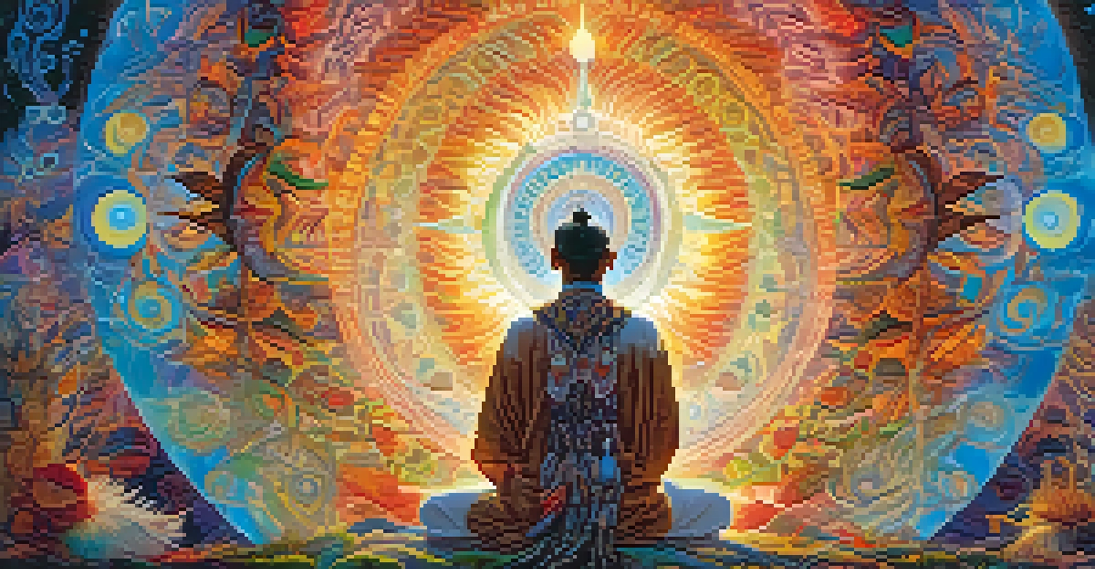 An abstract portrayal of a shaman's vision, featuring swirling colors and shapes that represent unity with nature and spiritual enlightenment.