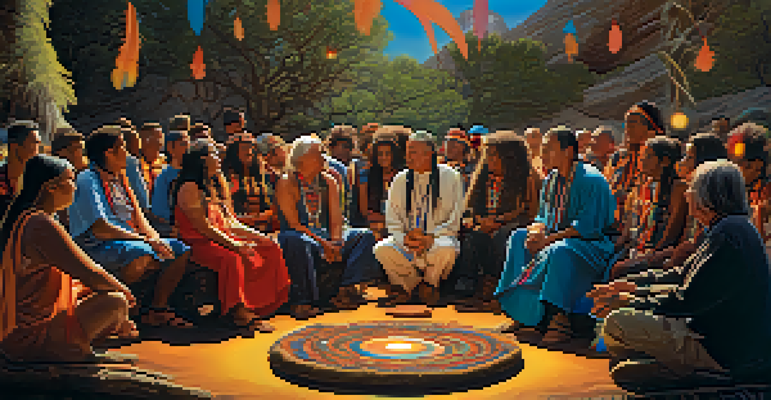 An elder shaman leading a ritual with psychedelic mushrooms, surrounded by participants in a natural setting, illuminated by warm lighting.