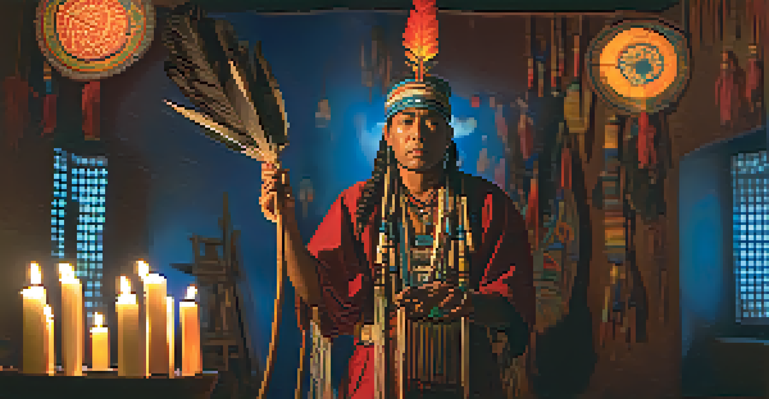 An indigenous shaman in ceremonial attire singing with a feathered staff in a dimly lit space, illuminated by candlelight.